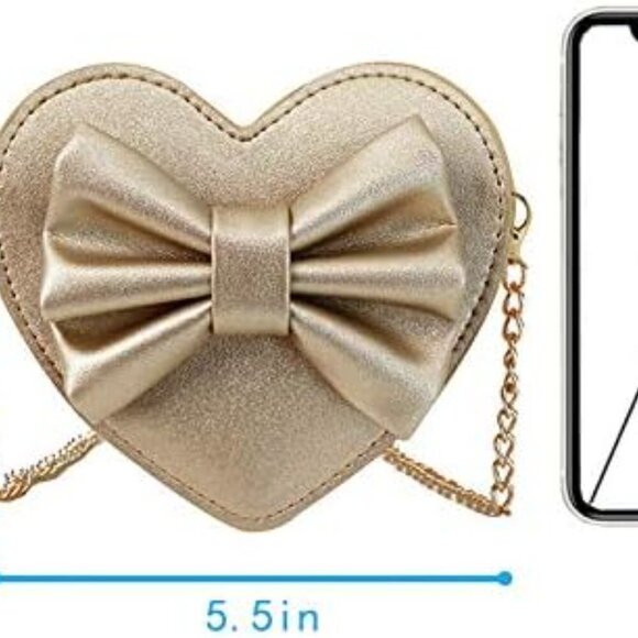 Girls Heart Shape Bowknot Mini Purse Crossbody Wallet Beige Gold Cute Compact Gi - Picture 3 of 7